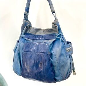SEE BY CHLOE✨XL Distressed Sky Blue Leather Slouchy Drawstring Backstage Hobo